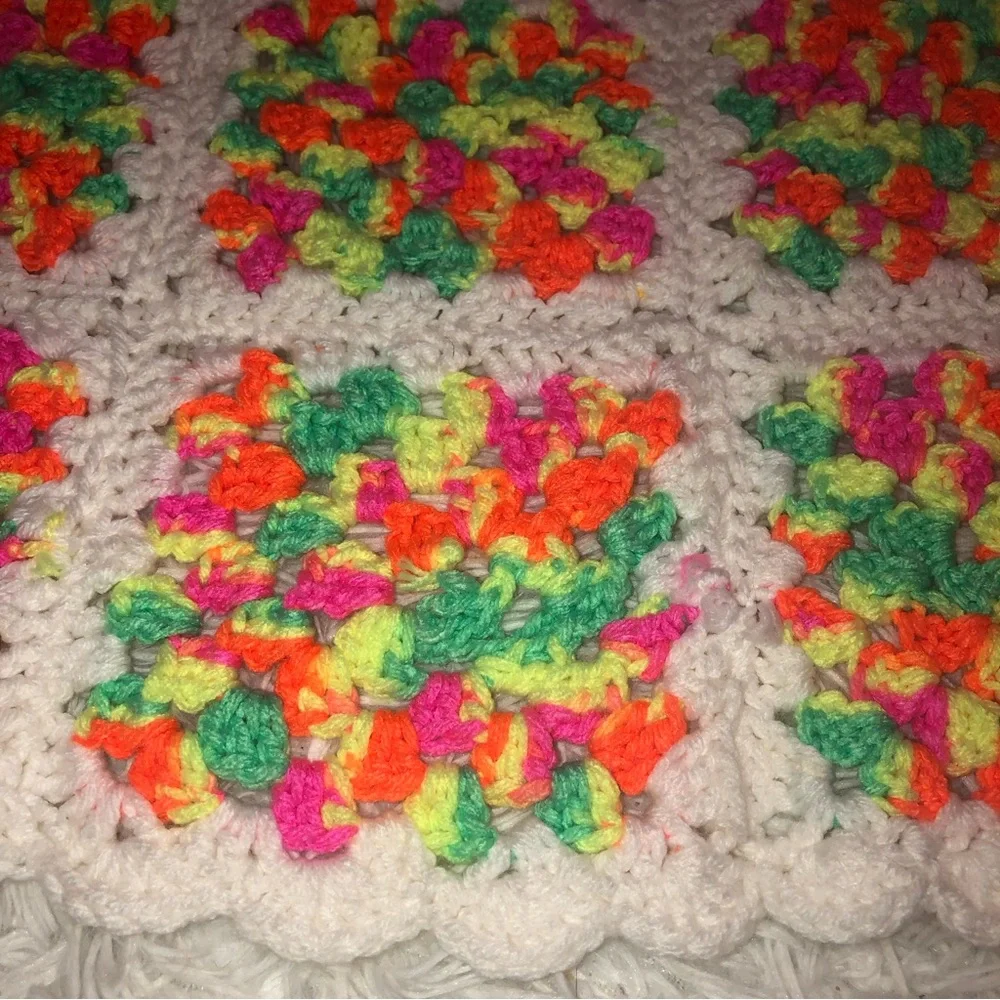 Handmade Crochet Blanket Granny Squares Bright Multi Color Blanket 35” x 34”